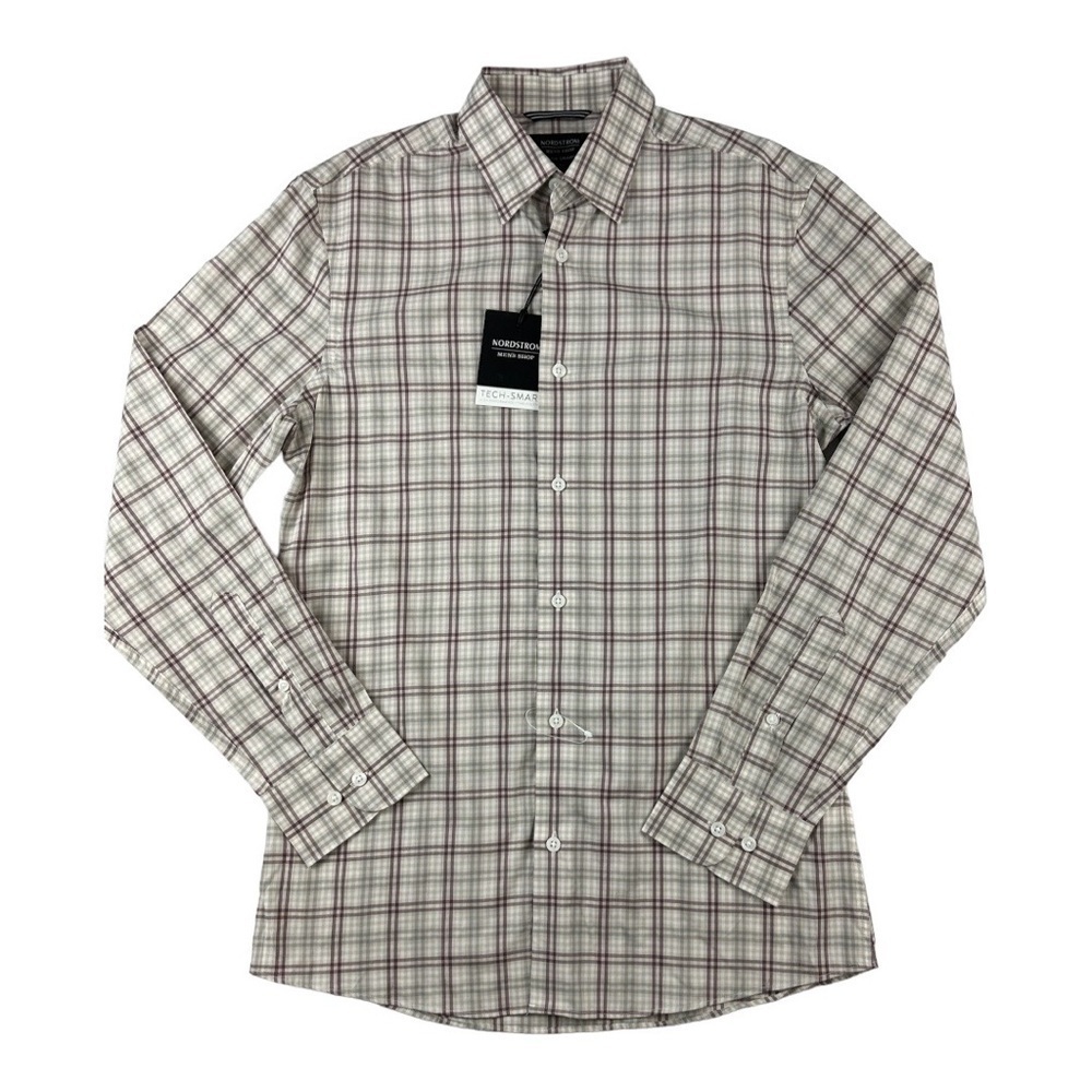 Nordstrom Trim Fit Button Down Dress Shirt Beige and Red Plaid Size S